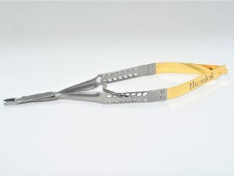 15 cm round handled needle holder w/suture cutter and straight tips